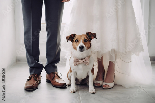 Small terrier dog with bow tie sitting between bride and groom at wedding. 