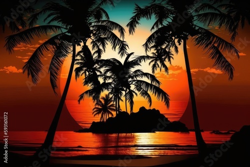 Beautiful tropical beach at dusk with silhouettes of palm palms. Generative AI