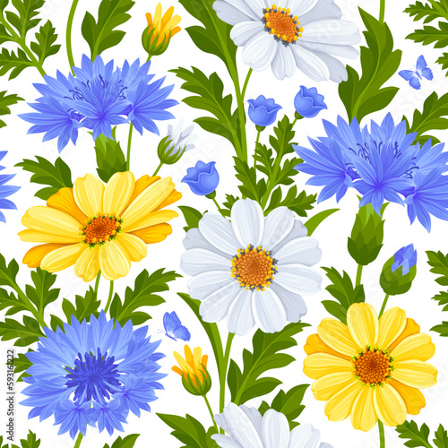 Seamless pattern of blue cornflowers, yellow and white daisy flowers, leaves and buds isolated on a white background. Cute floral botanical decoration. Vector illustration