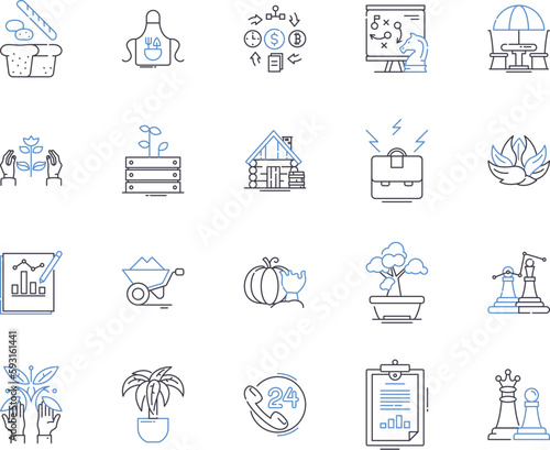 Farming business outline icons collection. Cropping, Sowing, Farming, Cultivating, Reaping, Flourishing, Tilling vector and illustration concept set. Harvesting, Agribusiness, Irrigation linear signs