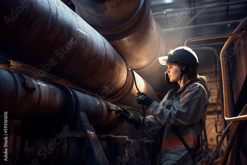 Working woman in workwear with a protective helmet performs welding work on a tube or pipeline, made with generative ai