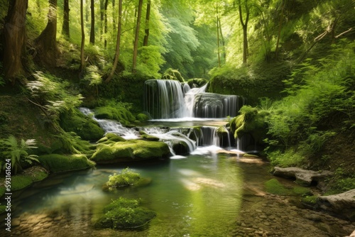 forest oasis with waterfall and clear stream, surrounded by greenery, created with generative ai