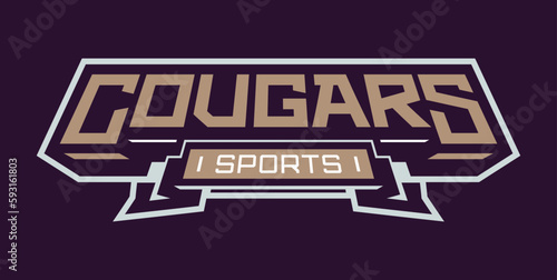 Bold sports font for cougar mascot logo. Text style lettering for esport, cougar mascot logo, sport team, college club. Font on ribbon. Vector illustration isolated on background.