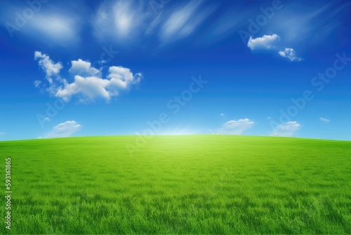 green grass field and bright blue sky. Generative AI