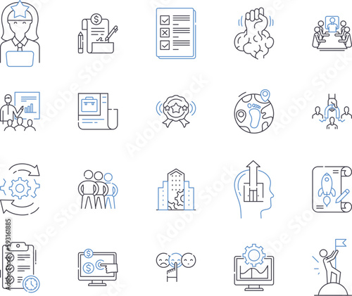 Company growth outline icons collection. Expansion, Expansionary, Expansionism, Expansionist, Profit, Booming, Advancement vector and illustration concept set. Upward, Uplift, Amplify linear signs