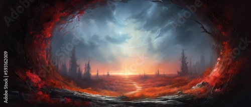 Netherworld wasteland with an eternal burning portal rift gate between two dimensions, apocalyptic landscape destroyed by fire and in utter ruin - generative AI 