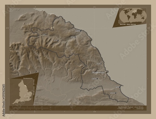 Scarborough, England - Great Britain. Sepia. Labelled points of cities photo