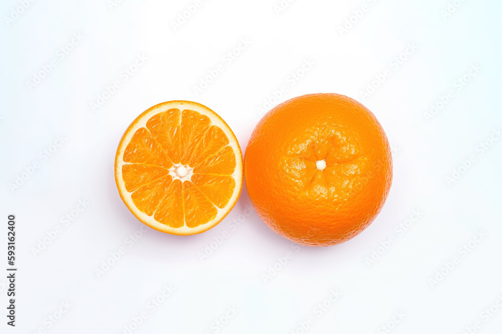Top view of fresh whole and sliced oranges isolated on white background. Created with Generative AI Technology Top view of fresh whole and sliced oranges isolated on white background. Created with Generative AI Technology