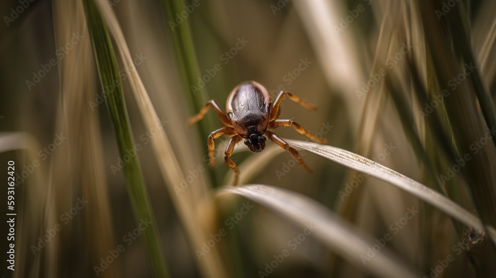 Tick Clinging to a Grass Straw Revealing Intricate Details in a Vivid Tick Clinging to a Grass Straw Revealing Intricate Details in a Vivid