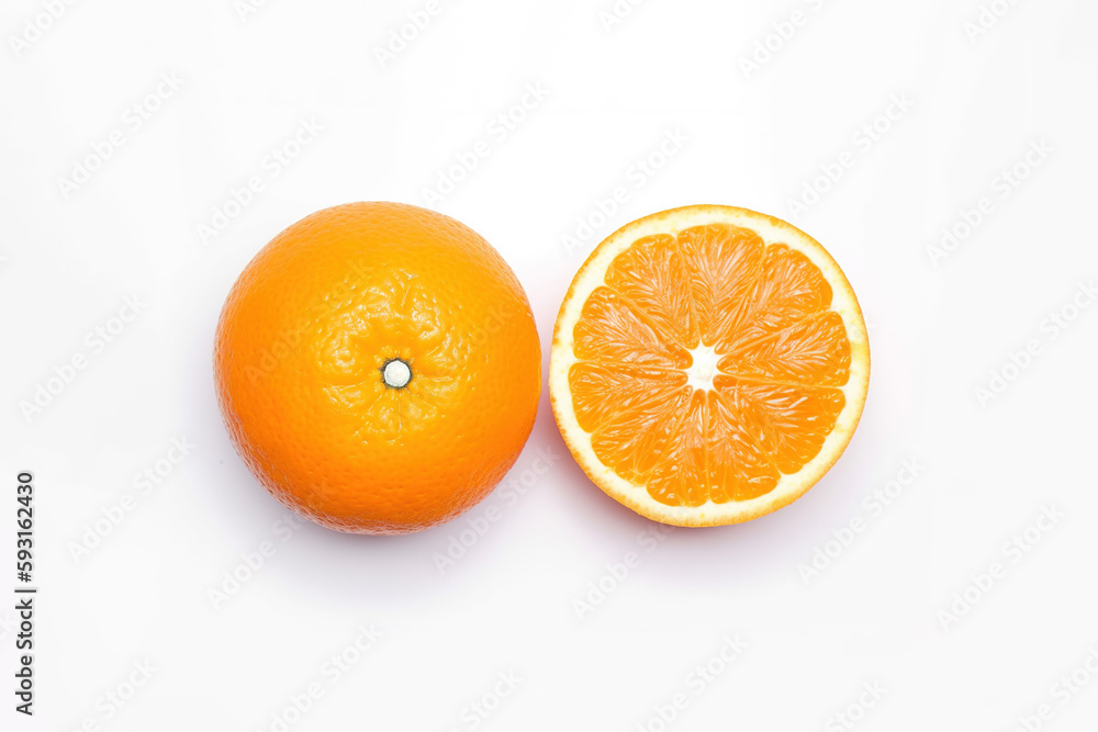 Top view of fresh whole and sliced oranges isolated on white background. Created with Generative AI Technology Top view of fresh whole and sliced oranges isolated on white background. Created with Generative AI Technology
