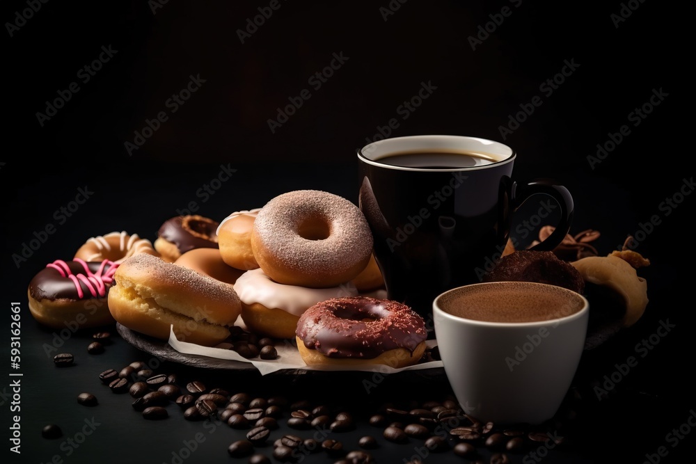 a plate of donuts and a cup of coffee on a black table with coffee beans and coffee beans on the table and a black background. generative ai a plate of donuts and a cup of coffee on a black table with coffee beans and coffee beans on the table and a black background. generative ai