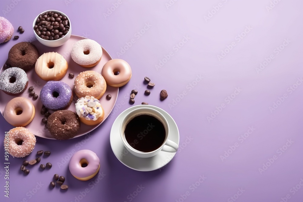 a plate of doughnuts and a cup of coffee on a purple background with chocolate chips and beans on the side of the plate. generative ai a plate of doughnuts and a cup of coffee on a purple background with chocolate chips and beans on the side of the plate. generative ai