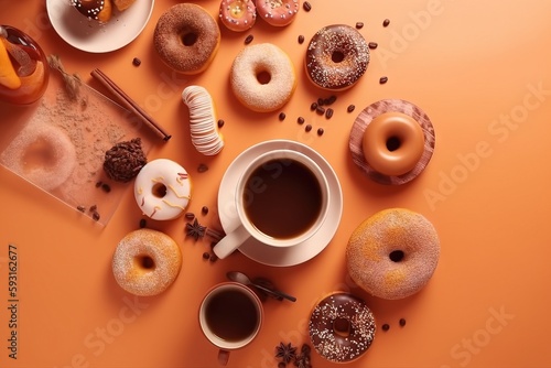  a cup of coffee surrounded by doughnuts on an orange background with a pair of scissors and a pair of scissors on the table.  generative ai