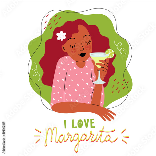 Girl with red hair holds margarita cocktail glass in her hand and abstract background with doodle objects. Lettering phrase i love margarita. Inspiration design for print, poster, menu
