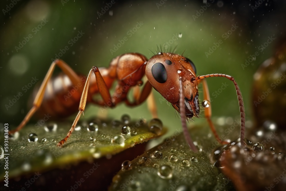 a close up of a red ant on a leaf with drops of water on the leaves and the ant's head is visible in the background. generative ai a close up of a red ant on a leaf with drops of water on the leaves and the ant's head is visible in the background. generative ai