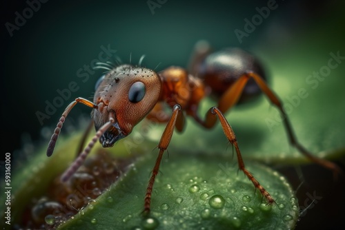  a close up of a bug on a leaf with drops of water on it's face and back end of its body, with a black background. generative ai