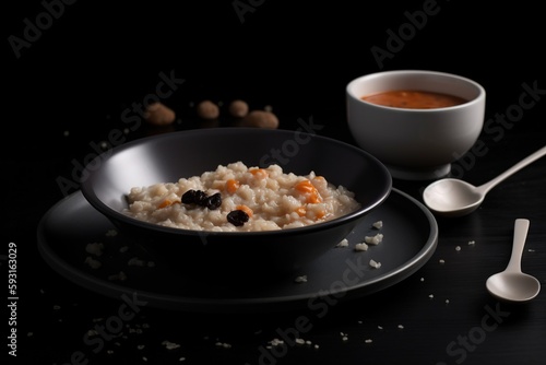 a bowl of rice with raisins and a cup of tea on a black table with spoons and spoons next to it.  generative ai