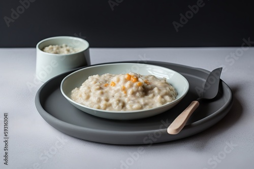  a bowl of oatmeal with a spoon on a plate next to a cup of oatmeal on a plate with a spoon. generative ai