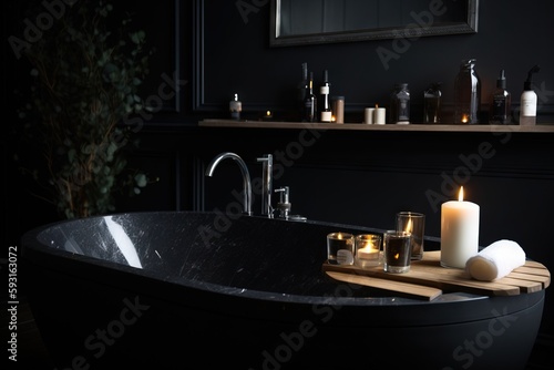  a black bath tub with candles and soap on a wooden tray in a dark room with a mirror and a shelf with candles on it. generative ai