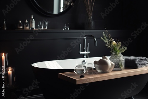  a bathtub with candles and a vase with flowers on it in a black bathroom with a round mirror and candles on the side of the tub. generative ai