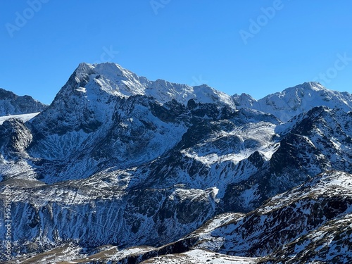 Alpine rocky mountain peak Piz Grialetsch (3130 m) in the massif of the Albula Alps above the Vardet da Grialetsch glacier, Zernez - Canton of Grisons, Switzerland (Kanton Graubünden, Schweiz)