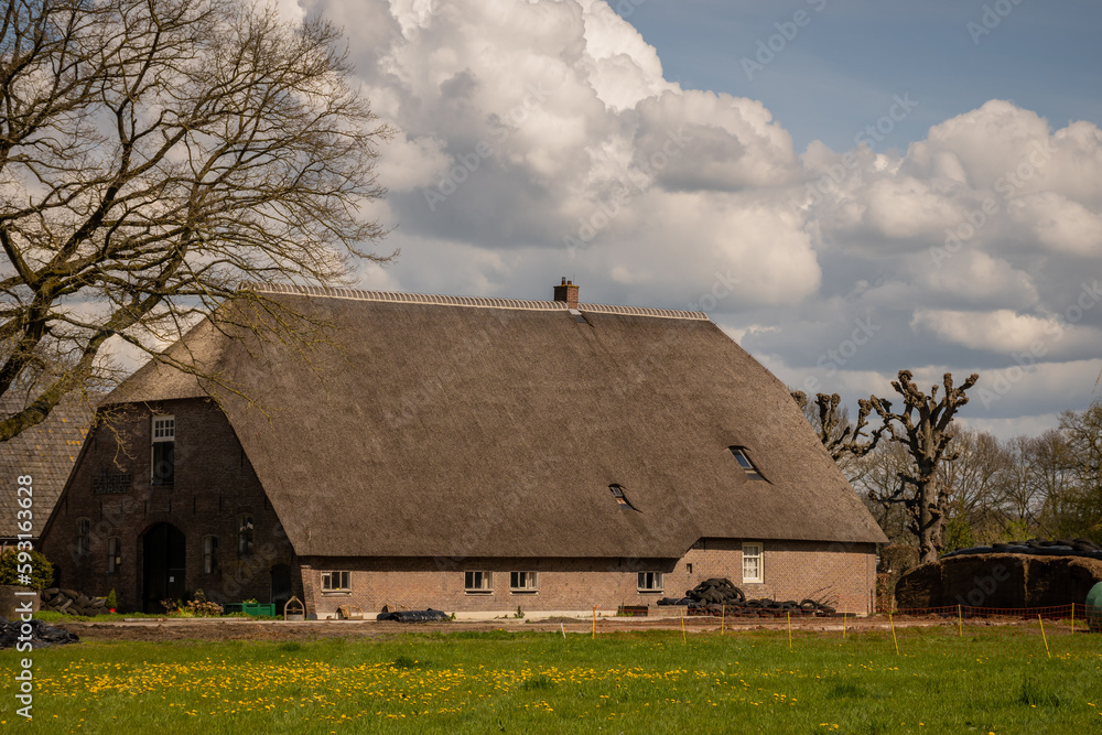 Dutch farm building in the countryside outside Utrecht in Netherlands on sunny summer day. The large structure is typical of agricultural architecture in Holland Dutch farm building in the countryside outside Utrecht in Netherlands on sunny summer day. The large structure is typical of agricultural architecture in Holland