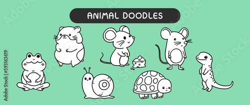 Animal doodles, black and white outline for coloring book