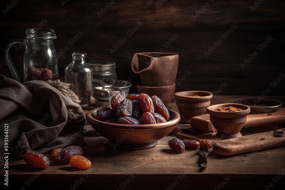  a bowl of dates sits on a table with a cloth and a wooden spoon next to it and a glass jar of salt and pepper shakers in the background.  generative ai