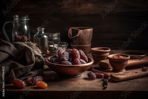  a bowl of dates sits on a table with a cloth and a wooden spoon next to it and a glass jar of salt and pepper shakers in the background.  generative ai
