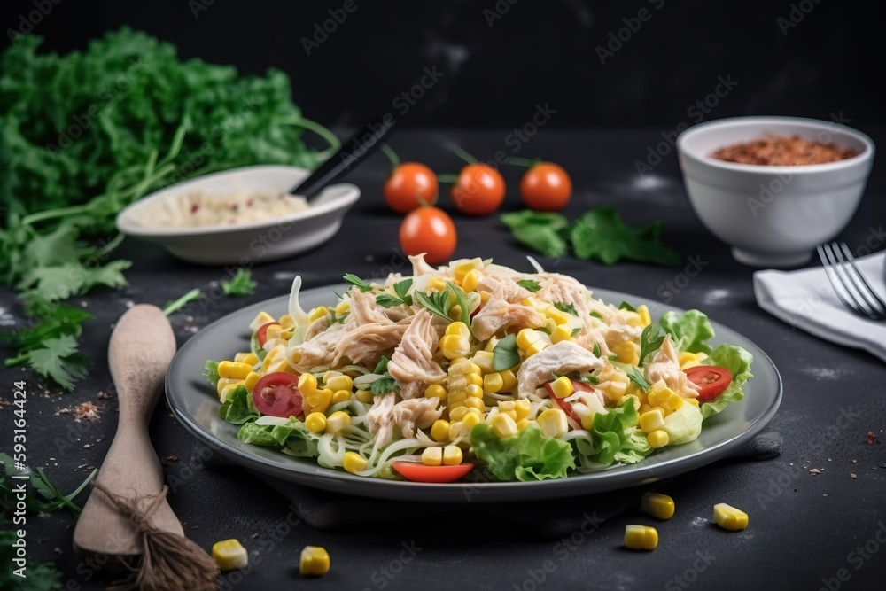 a salad with chicken, corn, tomatoes, and lettuce on a plate with a fork and a bowl of salad dressing in the background. generative ai a salad with chicken, corn, tomatoes, and lettuce on a plate with a fork and a bowl of salad dressing in the background. generative ai