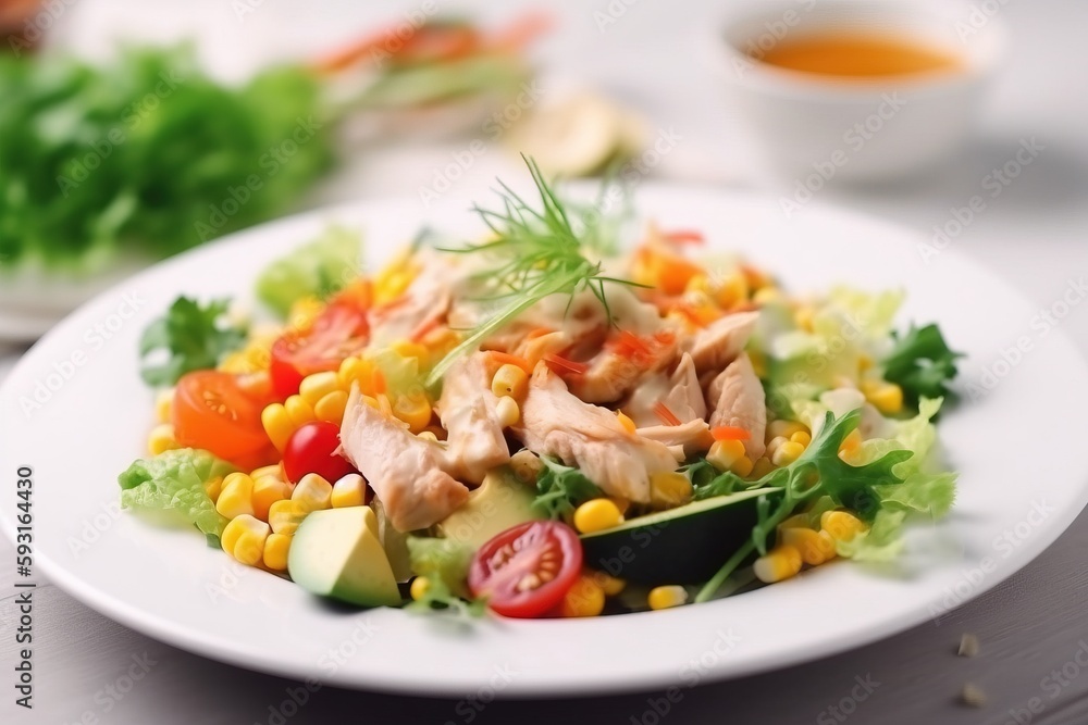  a white plate topped with a salad covered in meat and veggies next to a bowl of sauce and a cup of sauce on the side.  generative ai