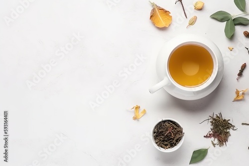  a cup of tea and some leaves on a white surface with a white surface and a white cup with a green tea in the middle. generative ai