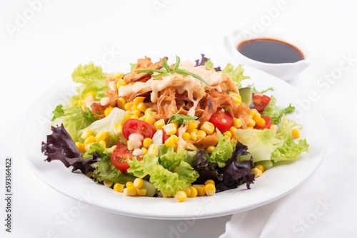  a plate of salad with dressing and a cup of sauce on the side on a white tablecloth with a white napkin and a white cup of sauce.  generative ai