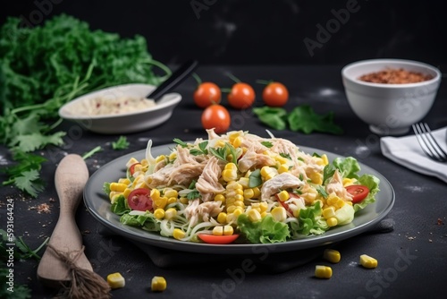 a salad with chicken, corn, tomatoes, and lettuce on a plate with a fork and a bowl of salad dressing in the background. generative ai
