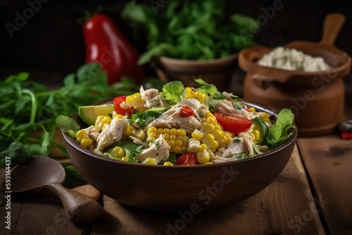  a salad with chicken, corn, tomatoes, lettuce, and avocado in a bowl on a wooden table with other vegetables. generative ai