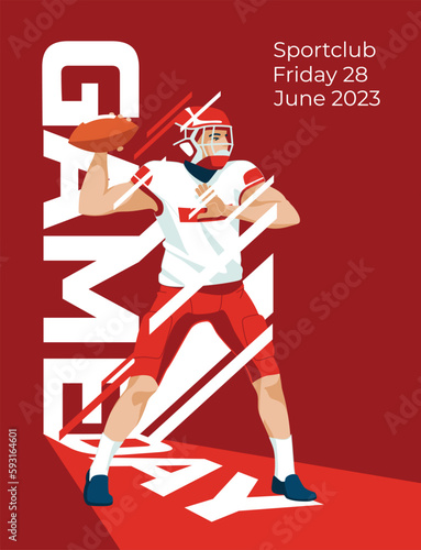 red poster of an American football player. Printed advertising of sports games. Abstract design concept. Vector flat illustration
