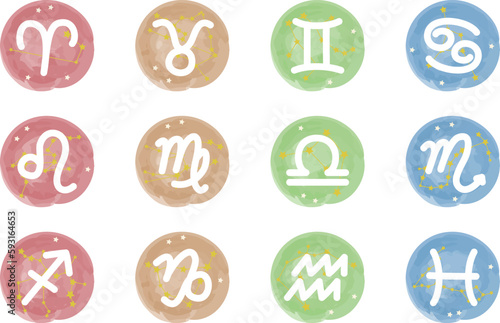 黄道12星座の4つのエレメントを表した手描きシンボルマークの描かれたイラスト