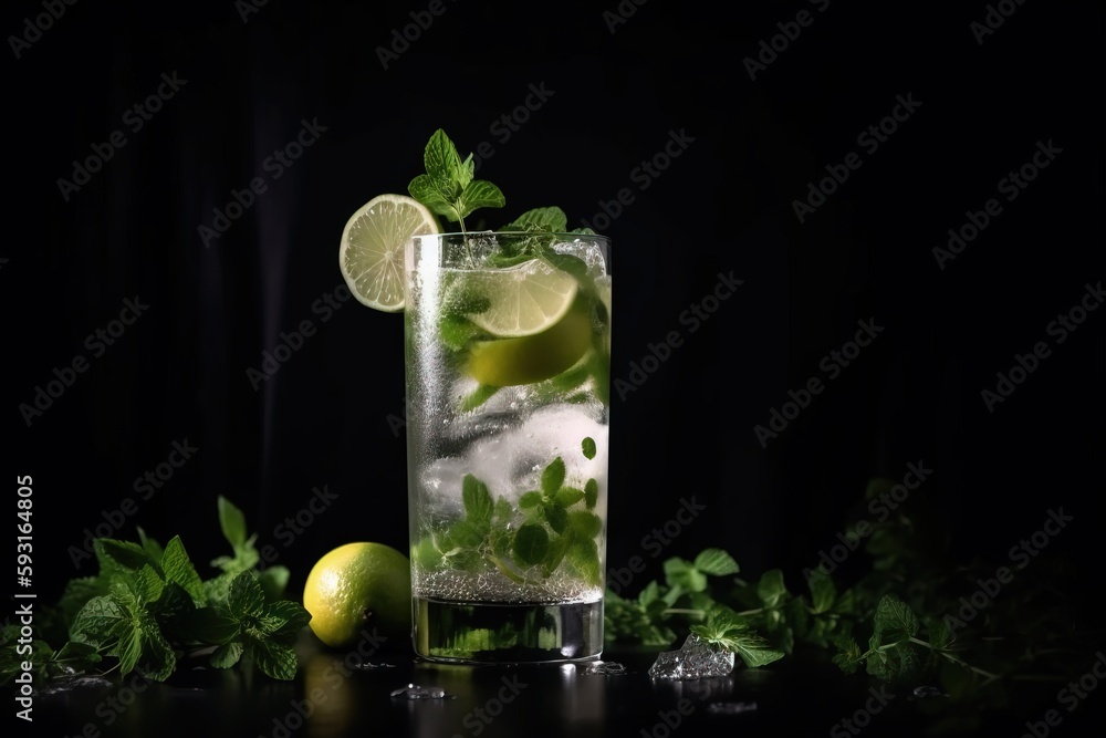 a tall glass filled with ice and limes next to a lemon and mint garnish on a black background with a black background. generative ai a tall glass filled with ice and limes next to a lemon and mint garnish on a black background with a black background. generative ai