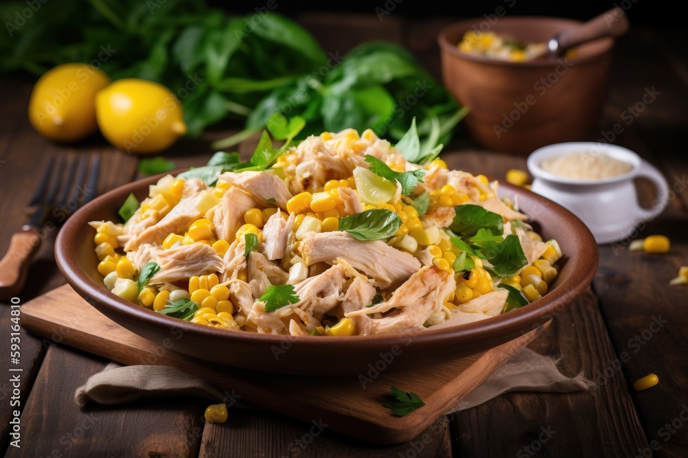 a bowl of chicken and corn salad on a wooden table next to a bowl of lemons and a bowl of dressing on a wooden table. generative ai a bowl of chicken and corn salad on a wooden table next to a bowl of lemons and a bowl of dressing on a wooden table. generative ai