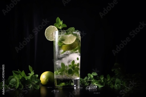 a tall glass filled with ice and limes next to a lemon and mint garnish on a black background with a black background. generative ai