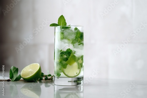  a glass of mojito with lime and mint on a table next to a slice of lime and a mint on the side of the glass. generative ai