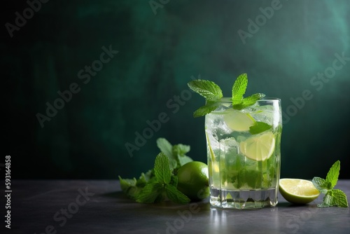  a glass of lemonade with mint and lime slices on a table with a green background and a green wall behind the glass is half full of lemonade. generative ai