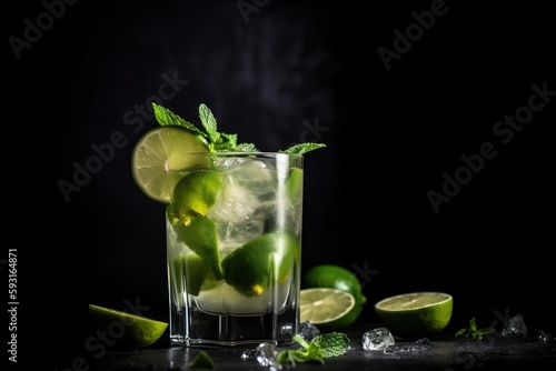  a glass of limeade with limes and mint on a black background with ice cubes and mints around it and a lime slice on the side. generative ai