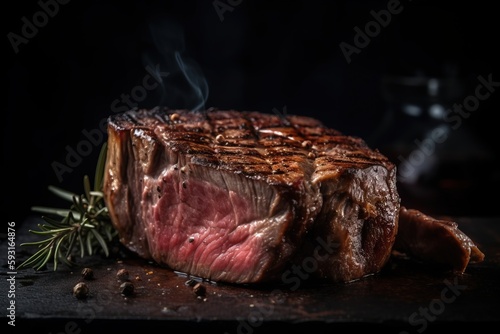  a piece of steak on a cutting board with a sprig of rosemary on the side of the steak and smoke coming out of the steak. generative ai