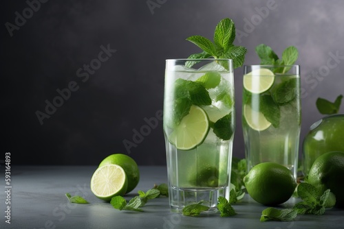  two glasses of mojito with limes and mint on a table with a pitcher of mojito in the back and a pitcher of mojito in the front. generative ai