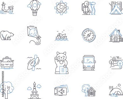 World tour outline icons collection. Travel, Globe, Journey, Circumnavigate, Vacation, Trip, Expedition vector and illustration concept set. Circumvent, Expeditionary, Wander linear signs