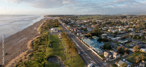 Ōtaki Beach in New Zealand. Aerial panorama looking north along Marine Parade to the surf club and beyond