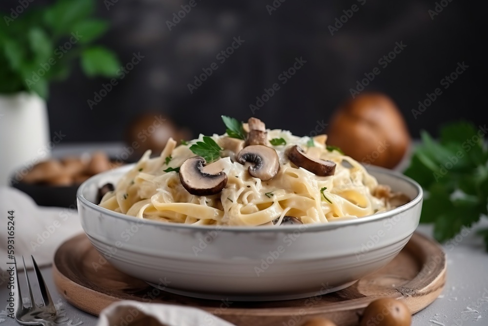 a bowl of pasta with mushrooms and parsley on a cutting board with a fork and a glass of wine in the background with a wooden board. generative ai a bowl of pasta with mushrooms and parsley on a cutting board with a fork and a glass of wine in the background with a wooden board. generative ai