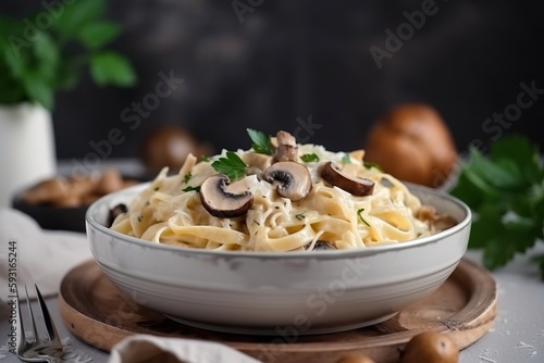  a bowl of pasta with mushrooms and parsley on a cutting board with a fork and a glass of wine in the background with a wooden board. generative ai