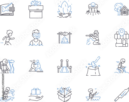 Adventure tours outline icons collection. Adventure, Tours, Journey, Trekking, Hiking, Rocky, Exploring vector and illustration concept set. Safari, Wild, Mountains linear signs